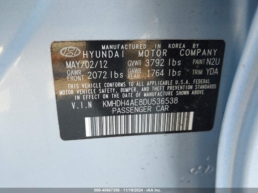 2013 Hyundai Elantra Limited (Ulsan Plant) VIN: KMHDH4AE8DU536538 Lot: 40867358