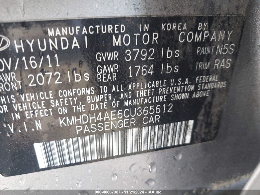 2012 Hyundai Elantra Gls (Ulsan Plant) VIN: KMHDH4AE6CU365612 Lot: 40867387