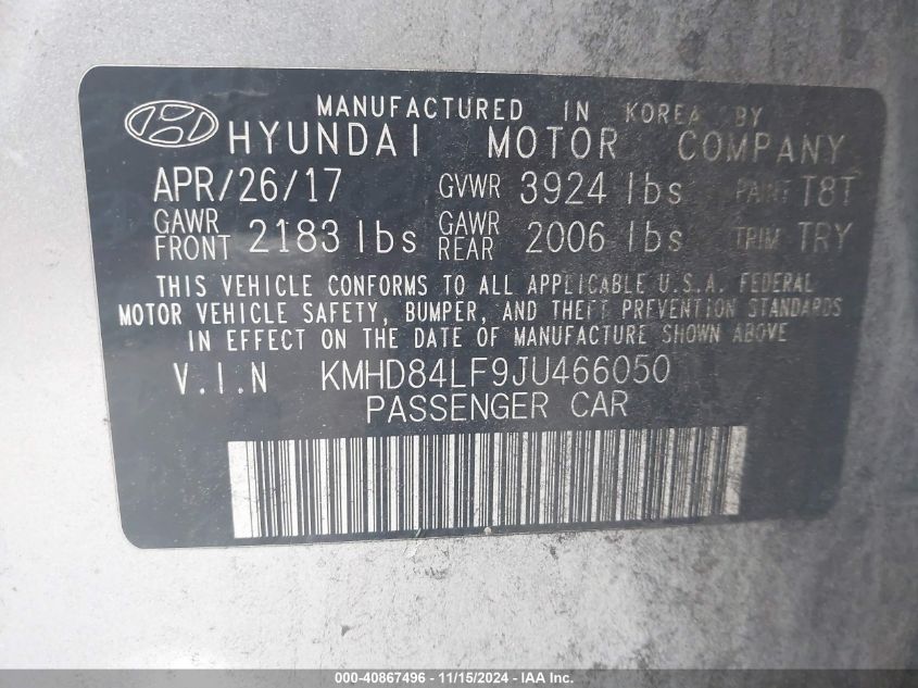 VIN KMHD84LF9JU466050 2018 Hyundai Elantra, Sel no.9