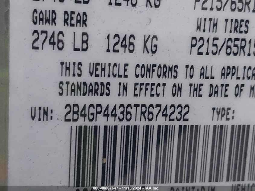 1996 Dodge Grand Caravan Se VIN: 2B4GP4436TR674232 Lot: 40867647