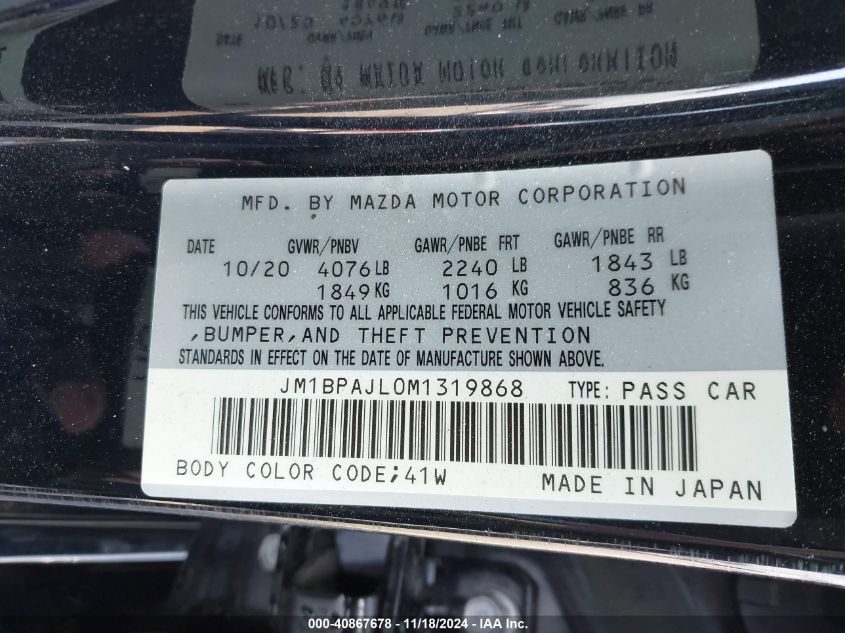 2021 Mazda Mazda3 2.5 S VIN: JM1BPAJL0M1319868 Lot: 40867678