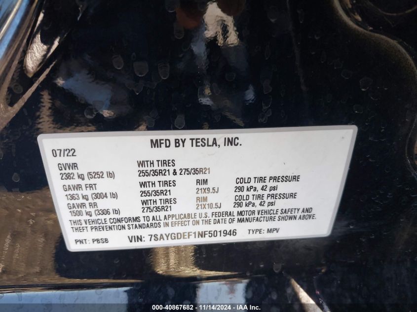 2022 TESLA MODEL Y - 7SAYGDEF1NF501946