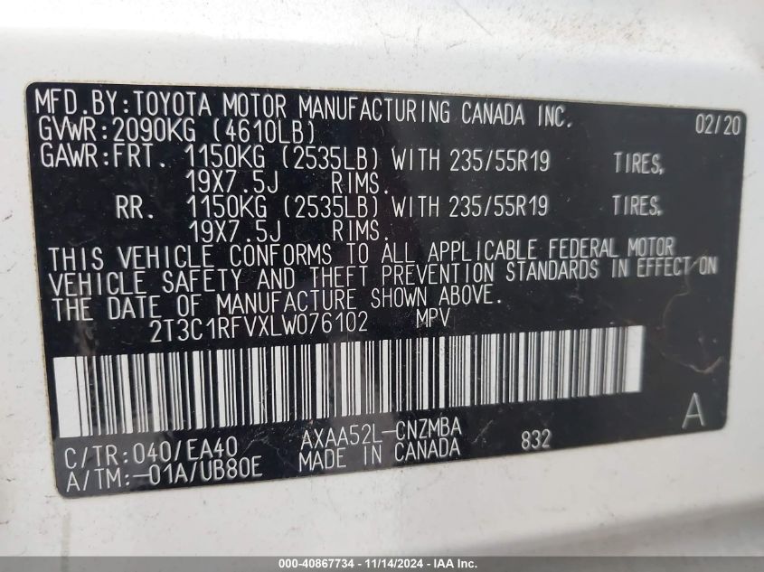 2020 Toyota Rav4 Xle Premium VIN: 2T3C1RFVXLW076102 Lot: 40867734