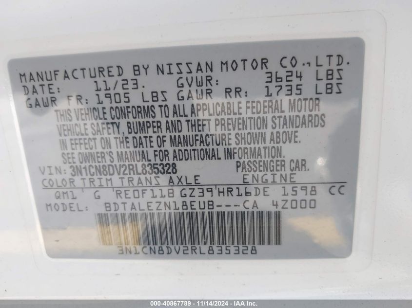 2024 Nissan Versa 1.6 S VIN: 3N1CN8DV2RL835328 Lot: 40867789