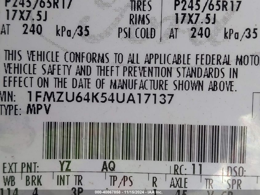 2004 Ford Explorer Eddie Bauer VIN: 1FMZU64K54UA17137 Lot: 40867858