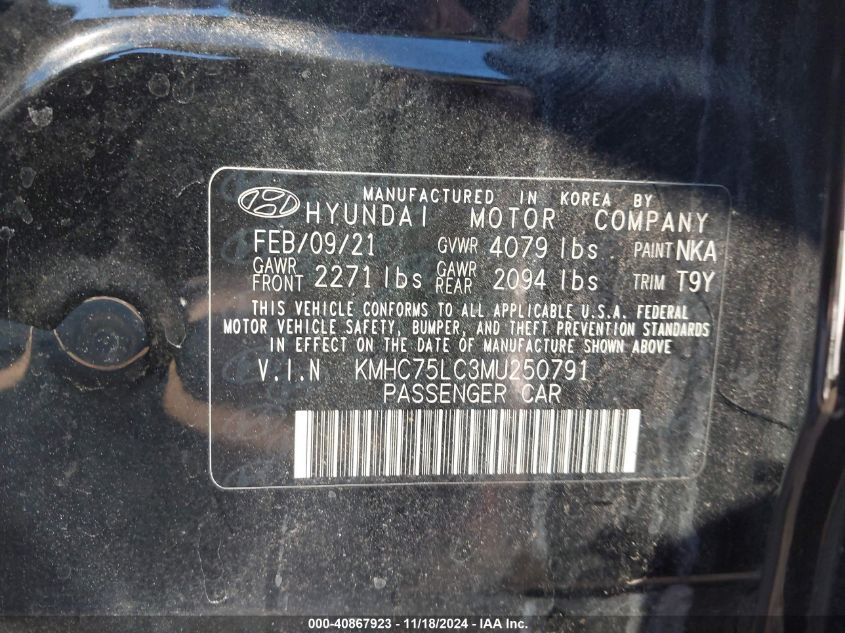 2021 Hyundai Ioniq Hybrid Se VIN: KMHC75LC3MU250791 Lot: 40867923