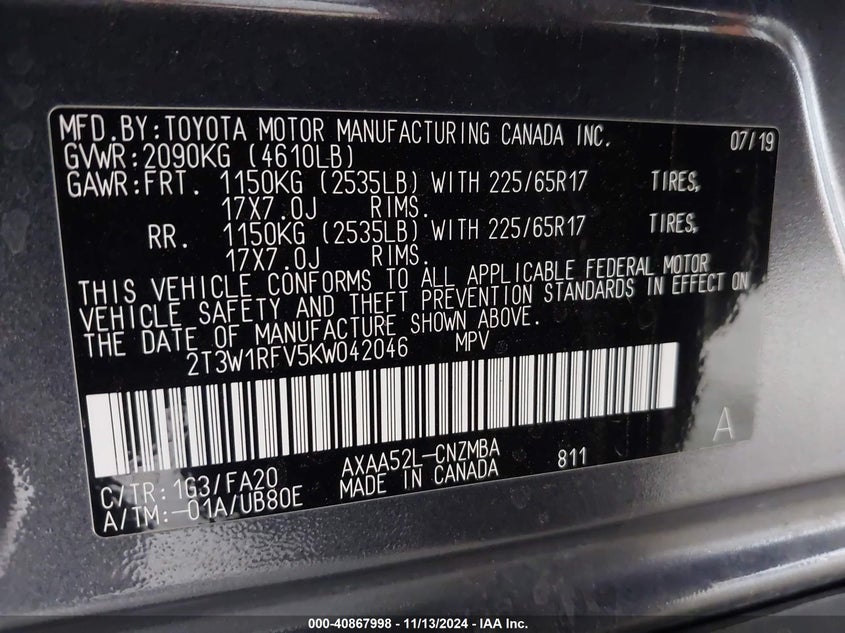 2019 TOYOTA RAV4 XLE VIN: 2T3W1RFV5KW042046