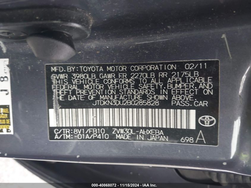 2011 Toyota Prius Two VIN: JTDKN3DU2B0285828 Lot: 40868072