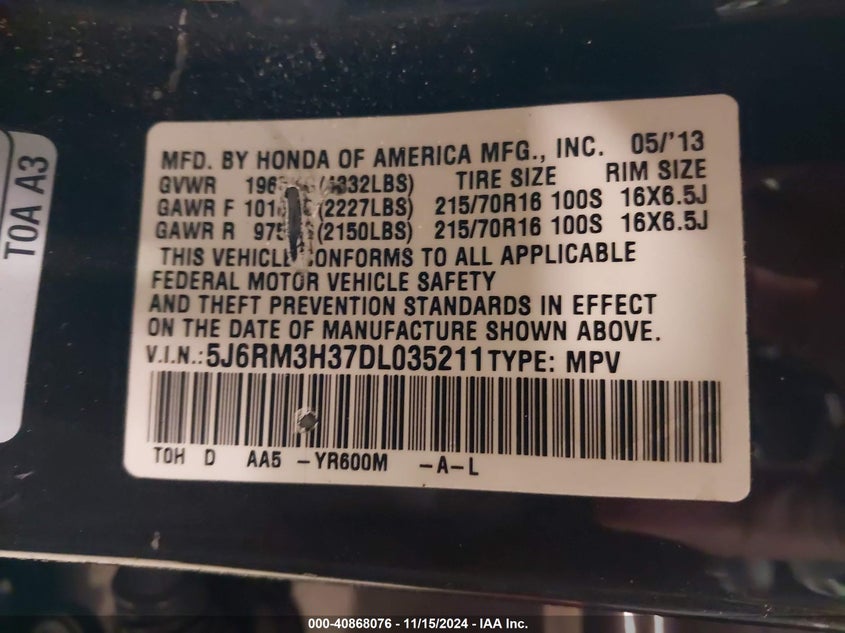 2013 HONDA CR-V LX - 5J6RM3H37DL035211