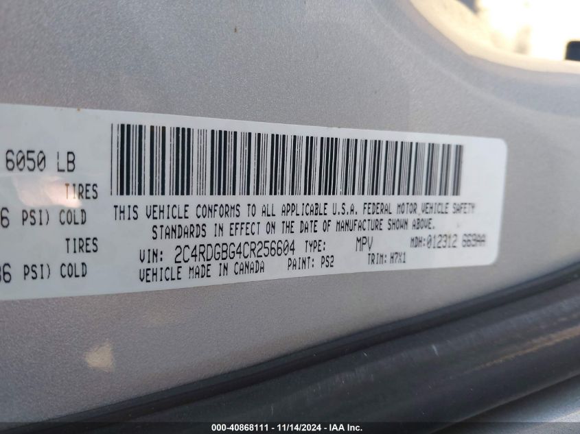 2012 Dodge Grand Caravan Se/Avp VIN: 2C4RDGBG4CR256604 Lot: 40868111