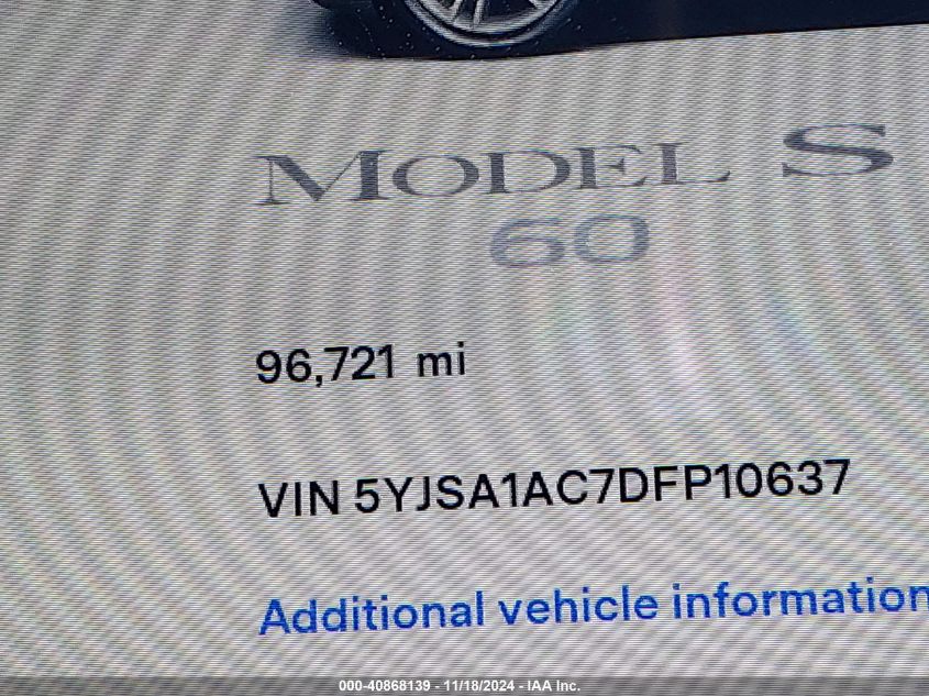 2013 Tesla Model S VIN: 5YJSA1AC7DFP10637 Lot: 40868139