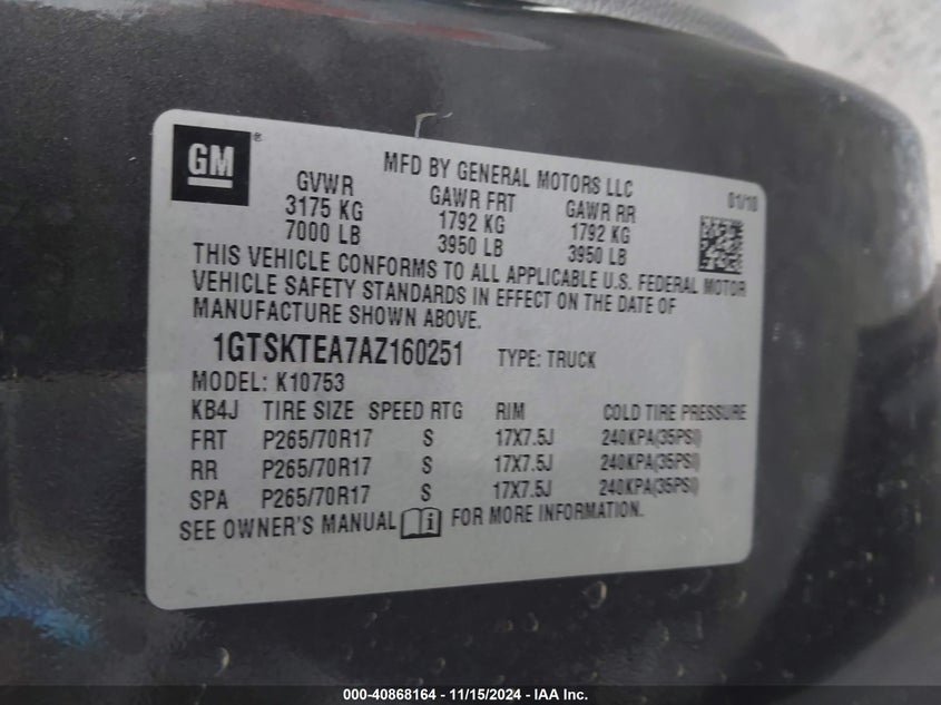 2010 GMC SIERRA 1500 VIN: 1GTSKTEA7AZ160251