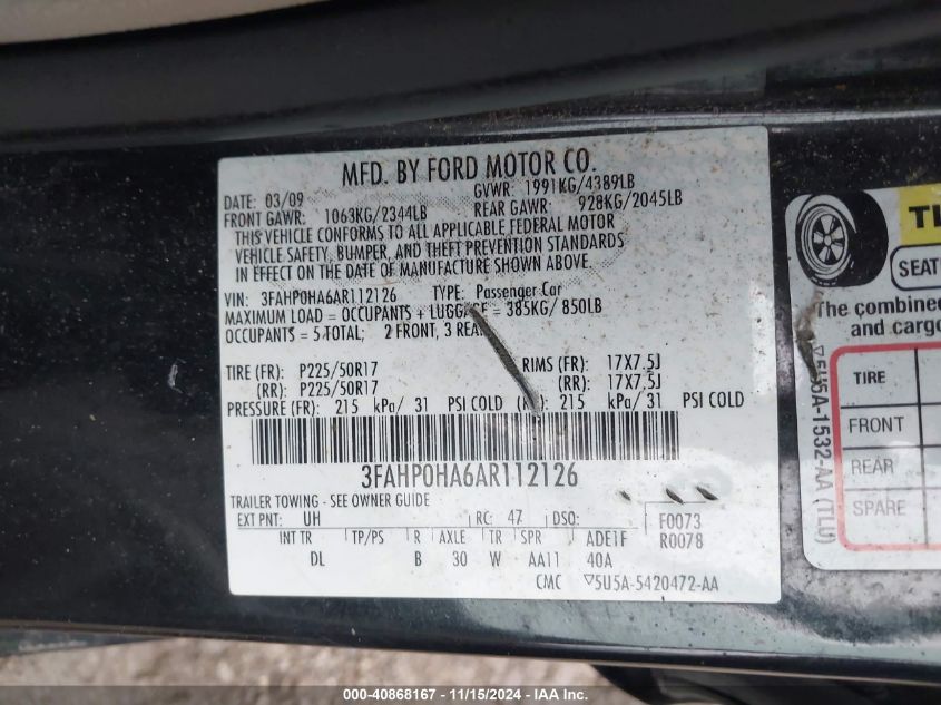 2010 Ford Fusion Se VIN: 3FAHP0HA6AR112126 Lot: 40868167