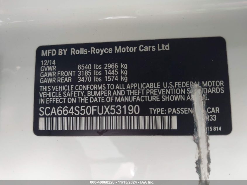 2015 Rolls-Royce Ghost VIN: SCA664S50FUX53190 Lot: 40868228