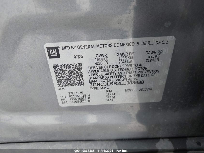 VIN 3GNCJLSB2LL308988 2020 CHEVROLET TRAX no.9