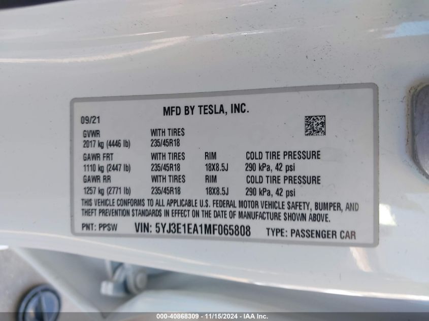 2021 Tesla Model 3 Standard Range Plus Rear-Wheel Drive VIN: 5YJ3E1EA1MF065808 Lot: 40868309