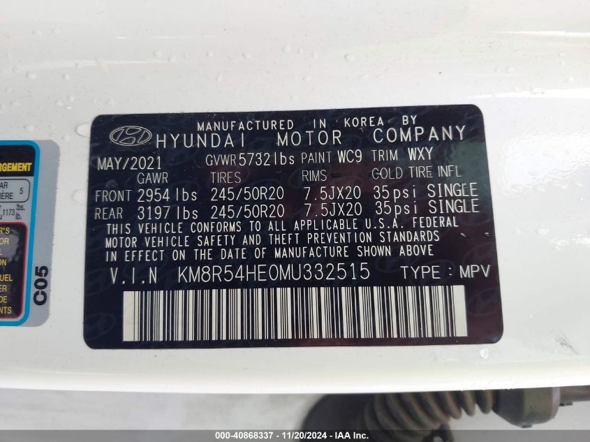 2021 Hyundai Palisade Limited VIN: KM8R54HE0MU332515 Lot: 40868337