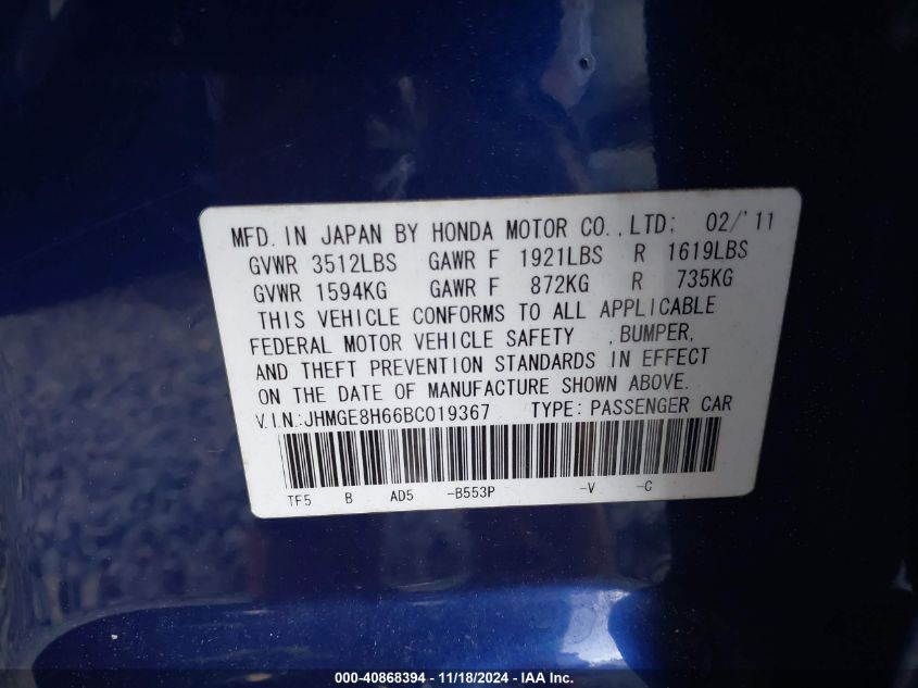 2011 Honda Fit Sport VIN: JHMGE8H66BC019367 Lot: 40868394