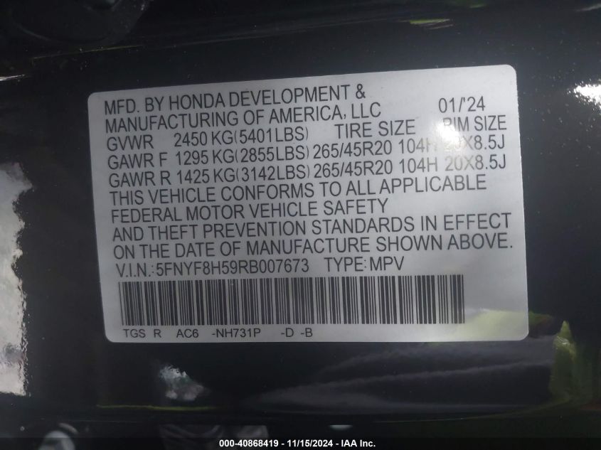 2024 Honda Passport Awd Ex-L VIN: 5FNYF8H59RB007673 Lot: 40868419