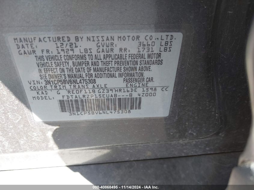 2022 Nissan Kicks S Xtronic Cvt VIN: 3N1CP5BV6NL475308 Lot: 40868495