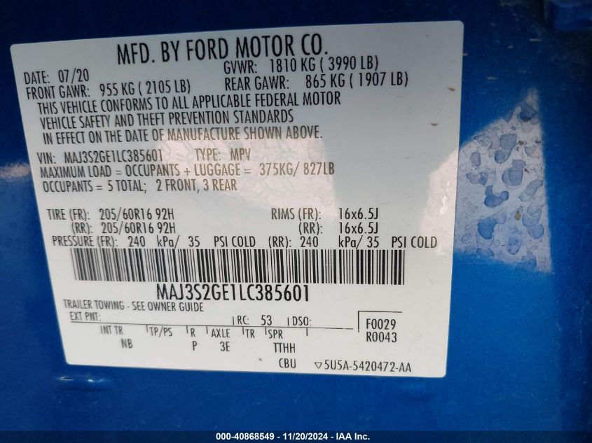 2020 Ford Ecosport Se VIN: MAJ3S2GE1LC385601 Lot: 40868549