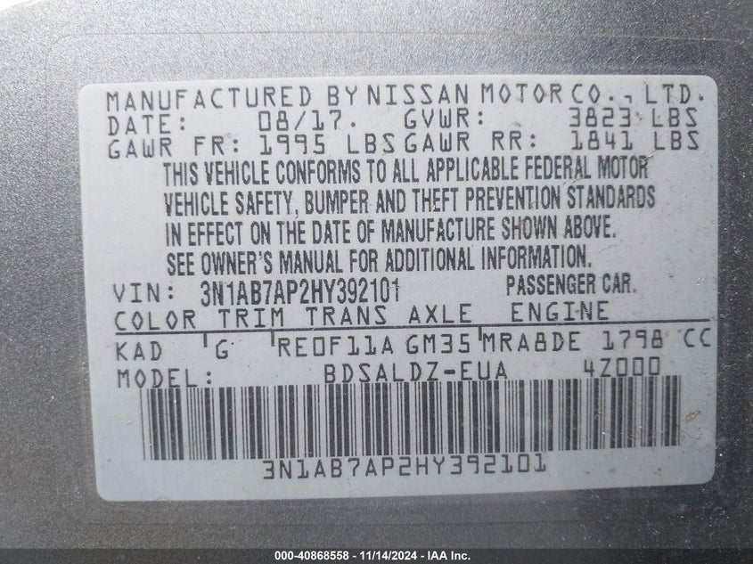 2017 Nissan Sentra Sv VIN: 3N1AB7AP2HY392101 Lot: 40868558