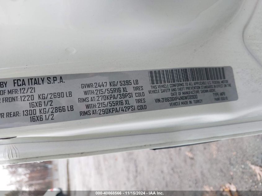 2022 RAM PROMASTER CITY VIN: ZFB636VP4N6W08900