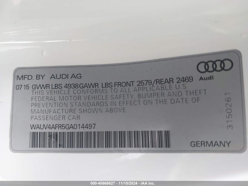 2016 Audi S5 3.0T Premium Plus VIN: WAUV4AFR5GA014497 Lot: 40868627