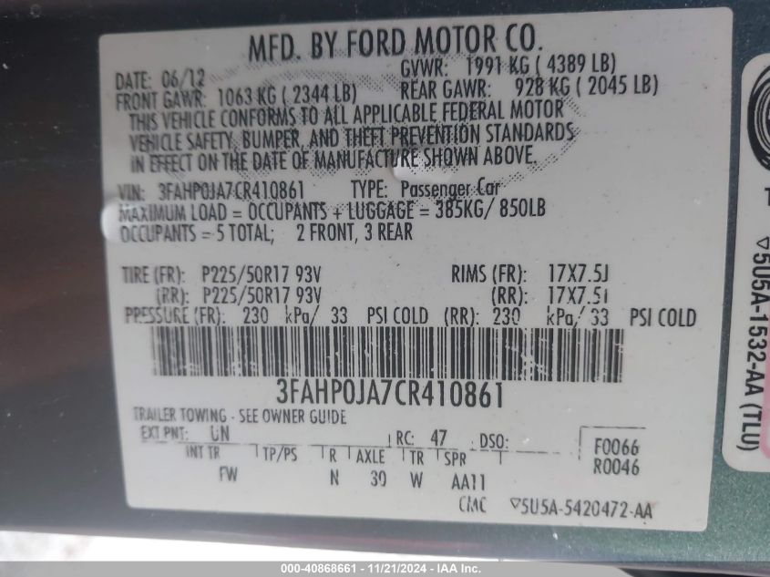 2012 Ford Fusion Sel VIN: 3FAHP0JA7CR410861 Lot: 40868661