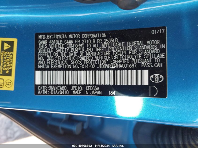 2017 Toyota Mirai VIN: JTDBVRBD4HA001687 Lot: 40868662