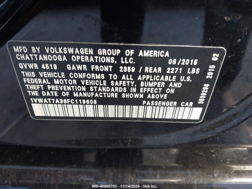 2015 Volkswagen Passat 1.8T Limited Edition VIN: 1VWAT7A36FC119608 Lot: 40868703