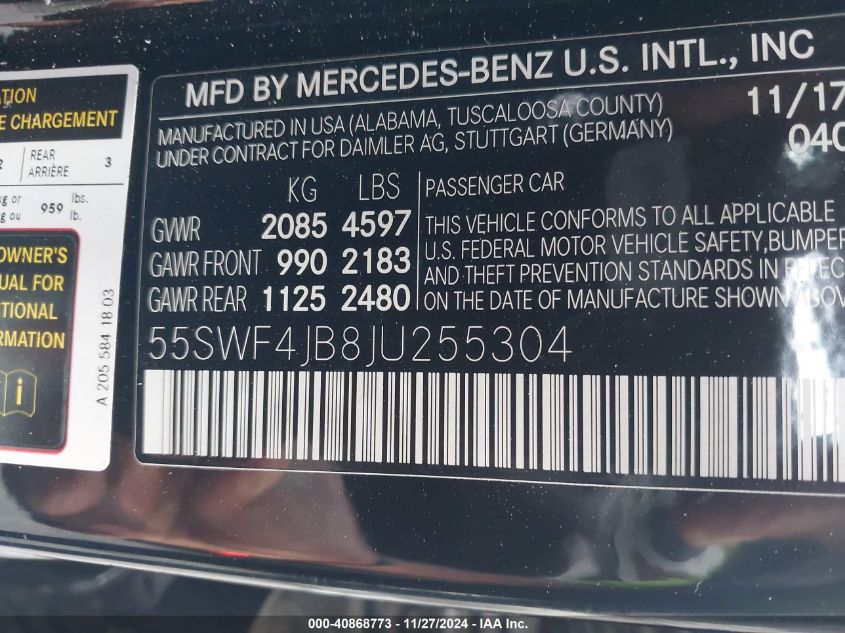 VIN 55SWF4JB8JU255304 2018 Mercedes-Benz C 300 no.9