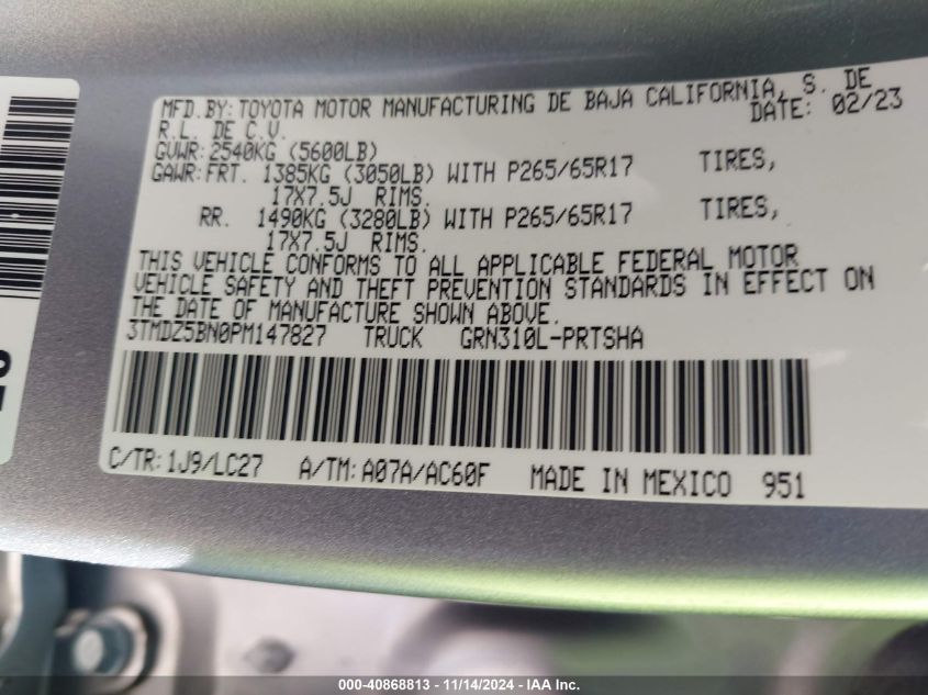 2023 Toyota Tacoma Trd Sport VIN: 3TMDZ5BN0PM147827 Lot: 40868813