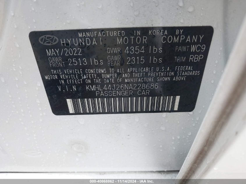 VIN KMHL44J26NA228686 2022 HYUNDAI SONATA no.9