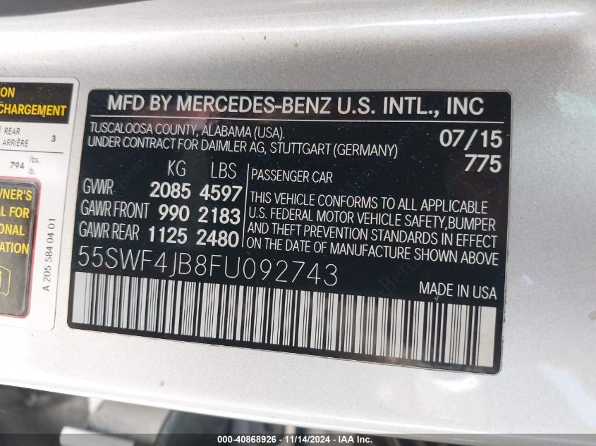 VIN 55SWF4JB8FU092743 2015 Mercedes-Benz C 300, Lux... no.9