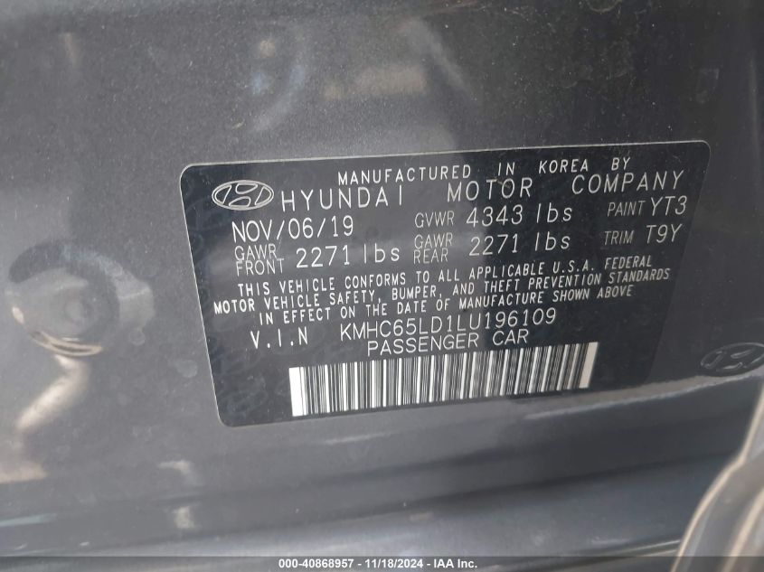 2020 Hyundai Ioniq Plug-In Hybrid Se VIN: KMHC65LD1LU196109 Lot: 40868957