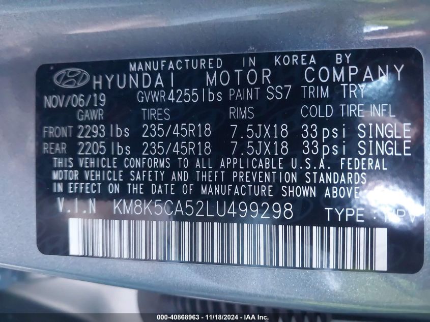 2020 Hyundai Kona Ultimate VIN: KM8K5CA52LU499298 Lot: 40868963