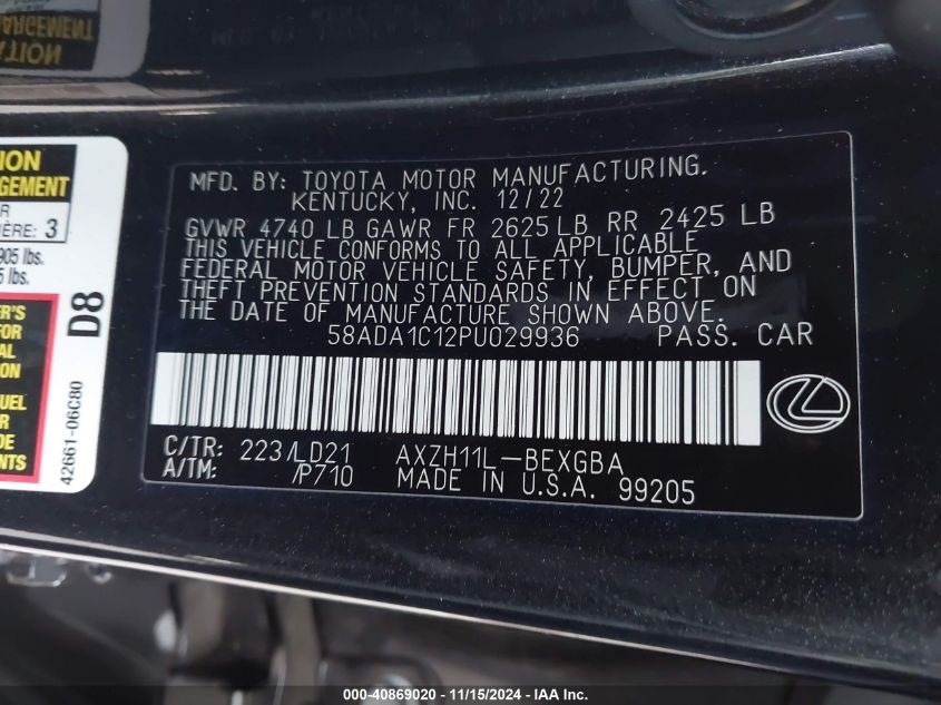 2023 Lexus Es 300H VIN: 58ADA1C12PU029936 Lot: 40869020