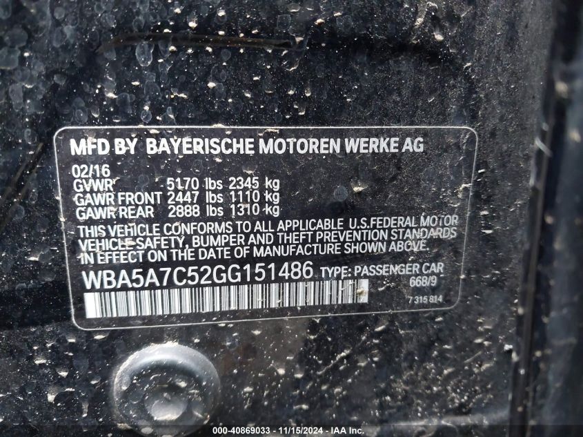 VIN WBA5A7C52GG151486 2016 BMW 5 Series, 528I Xdrive no.9