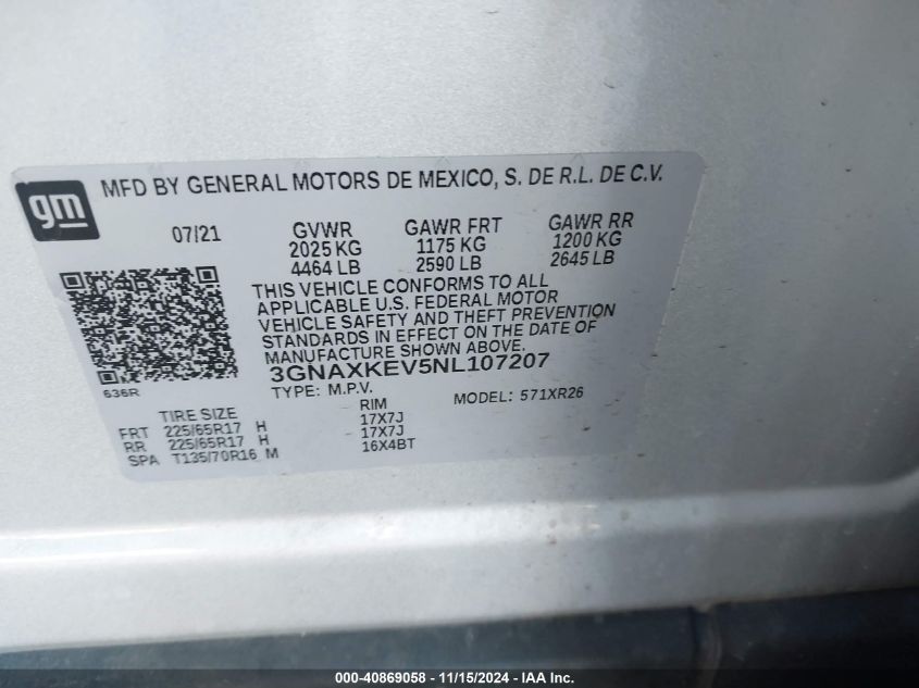 2022 Chevrolet Equinox Fwd Lt VIN: 3GNAXKEV5NL107207 Lot: 40869058