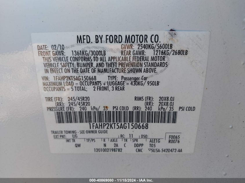 2010 Ford Taurus Sho VIN: 1FAHP2KT5AG150668 Lot: 40869080