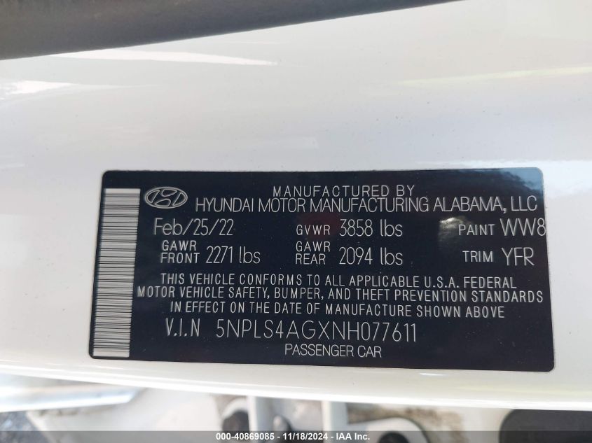 2022 Hyundai Elantra Sel VIN: 5NPLS4AGXNH077611 Lot: 40869085