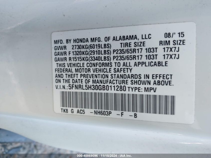 VIN 5FNRL5H30GB011280 2016 Honda Odyssey, SE no.9