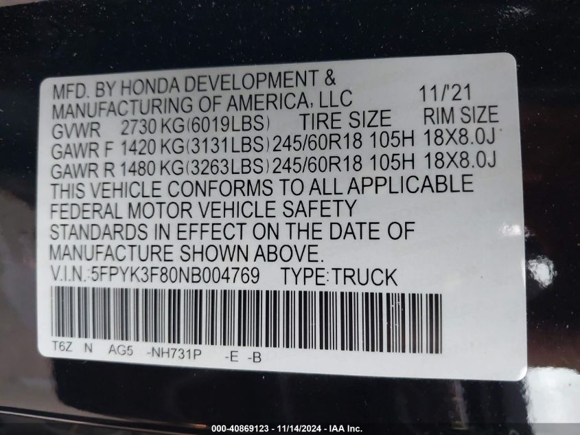 VIN 5FPYK3F80NB004769 2022 Honda Ridgeline, Black E... no.9