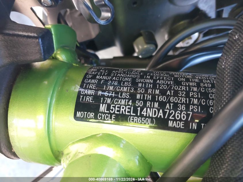 2022 Kawasaki Er650 L VIN: ML5EREL14NDA72667 Lot: 40869169