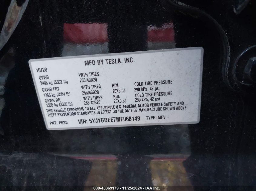 2021 Tesla Model Y Long Range Dual Motor All-Wheel Drive VIN: 5YJYGDEE7MF068149 Lot: 40869179