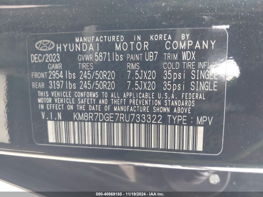 2024 Hyundai Palisade Calligraphy VIN: KM8R7DGE7RU733322 Lot: 40869185