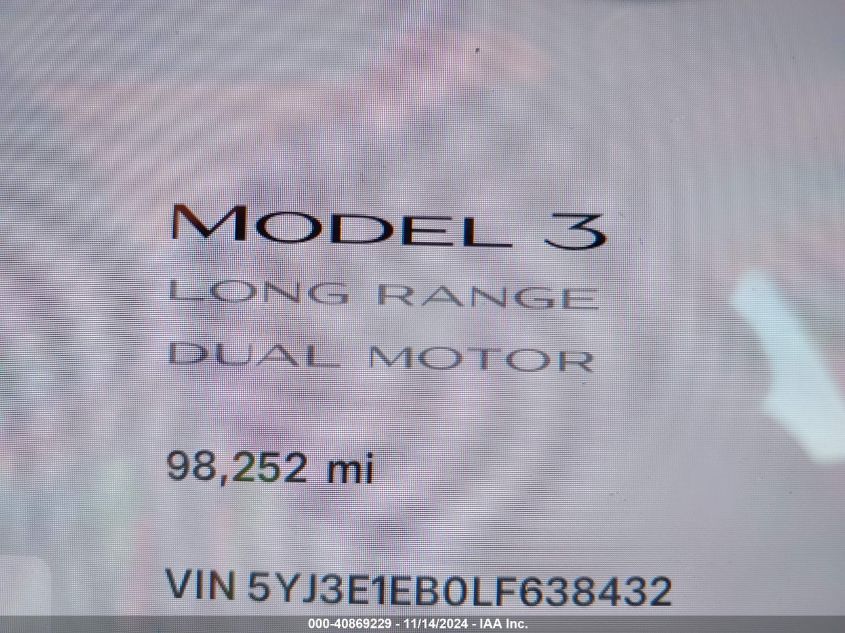 2020 Tesla Model 3 Long Range Dual Motor All-Wheel Drive VIN: 5YJ3E1EB0LF638432 Lot: 40869229