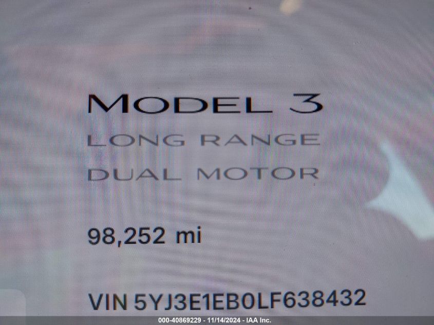 2020 Tesla Model 3 Long Range Dual Motor All-Wheel Drive VIN: 5YJ3E1EB0LF638432 Lot: 40869229