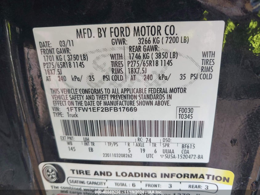 2011 FORD F-150 VIN: 1FTFW1EF2BFB17669